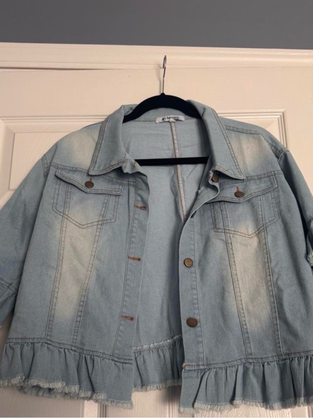 Light Wash Denim Ruffle Hem Jacket - Women